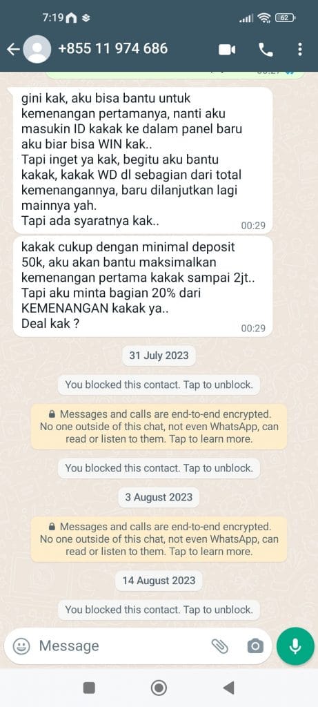 chat whatsapp ajakan judil online dari nomor +85