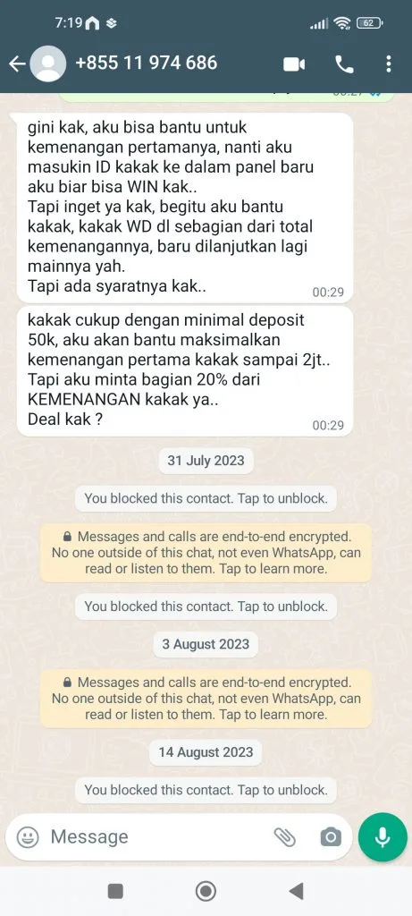 chat whatsapp ajakan judil online dari nomor +85