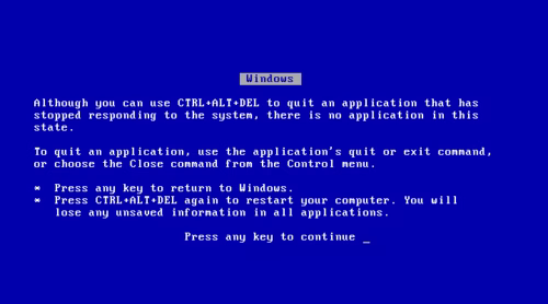 Layar manajer tugas dasar dari Windows 3.1x, sering kali disalahartikan sebagai Blue Screen of Death karena tampilannya yang mirip.