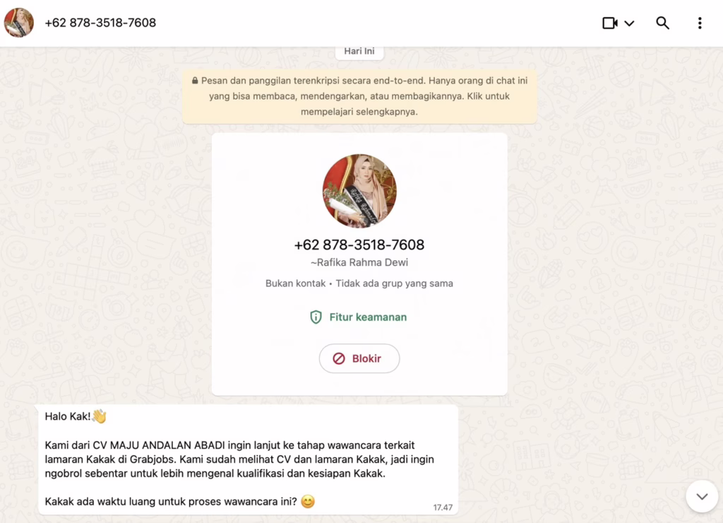 rekruiter mengatasnamakan rafika rahma dewi, tapi di akhir chat sepertinya seorang laki laki